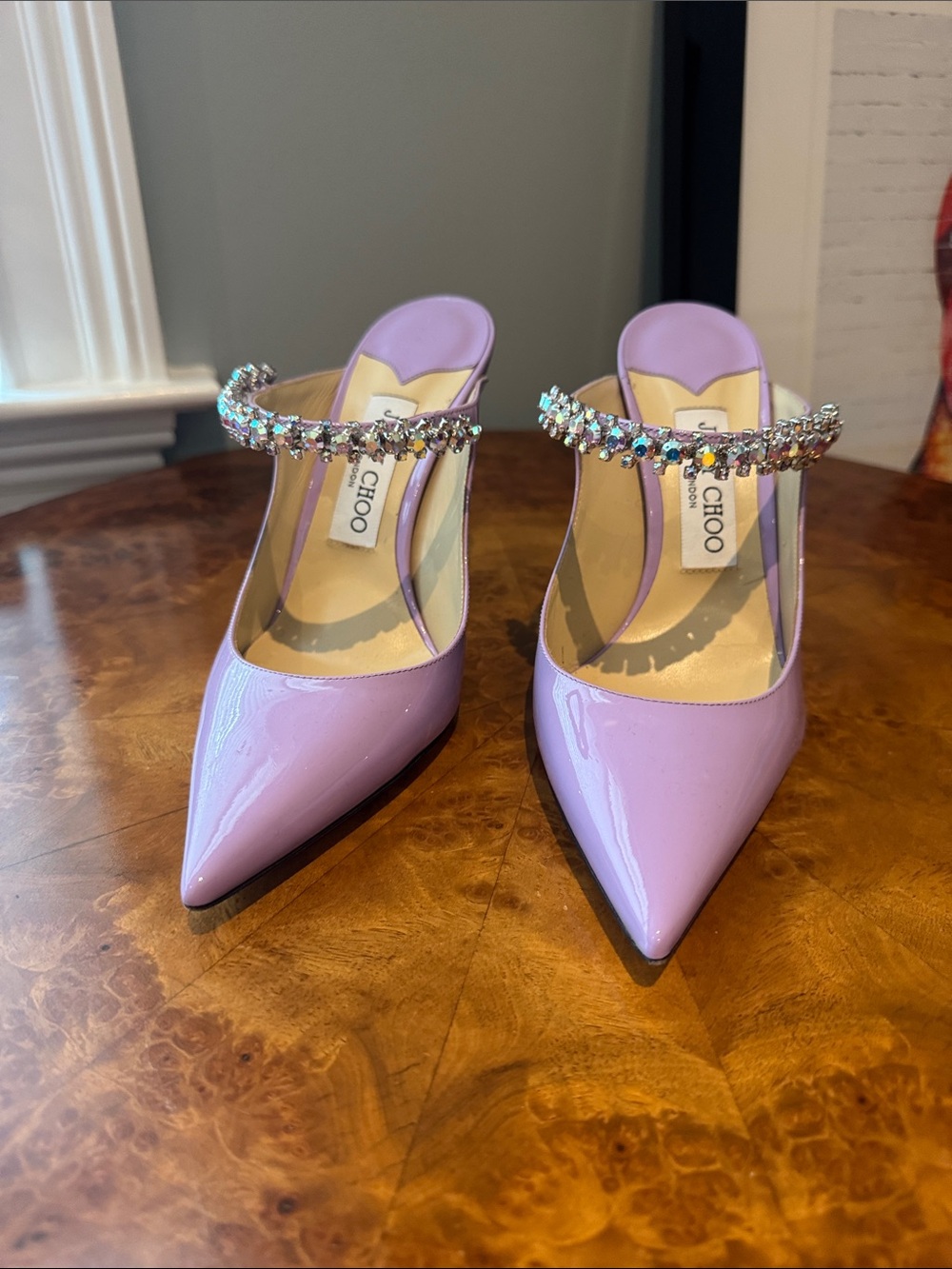 Jimmy Choo Lilac Patent Pointed Mules with Crystal Ankle Straps